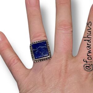 Sterling Silver Lapis Lazuli Ring – Size 7.5 Adjustable - Beaded Border